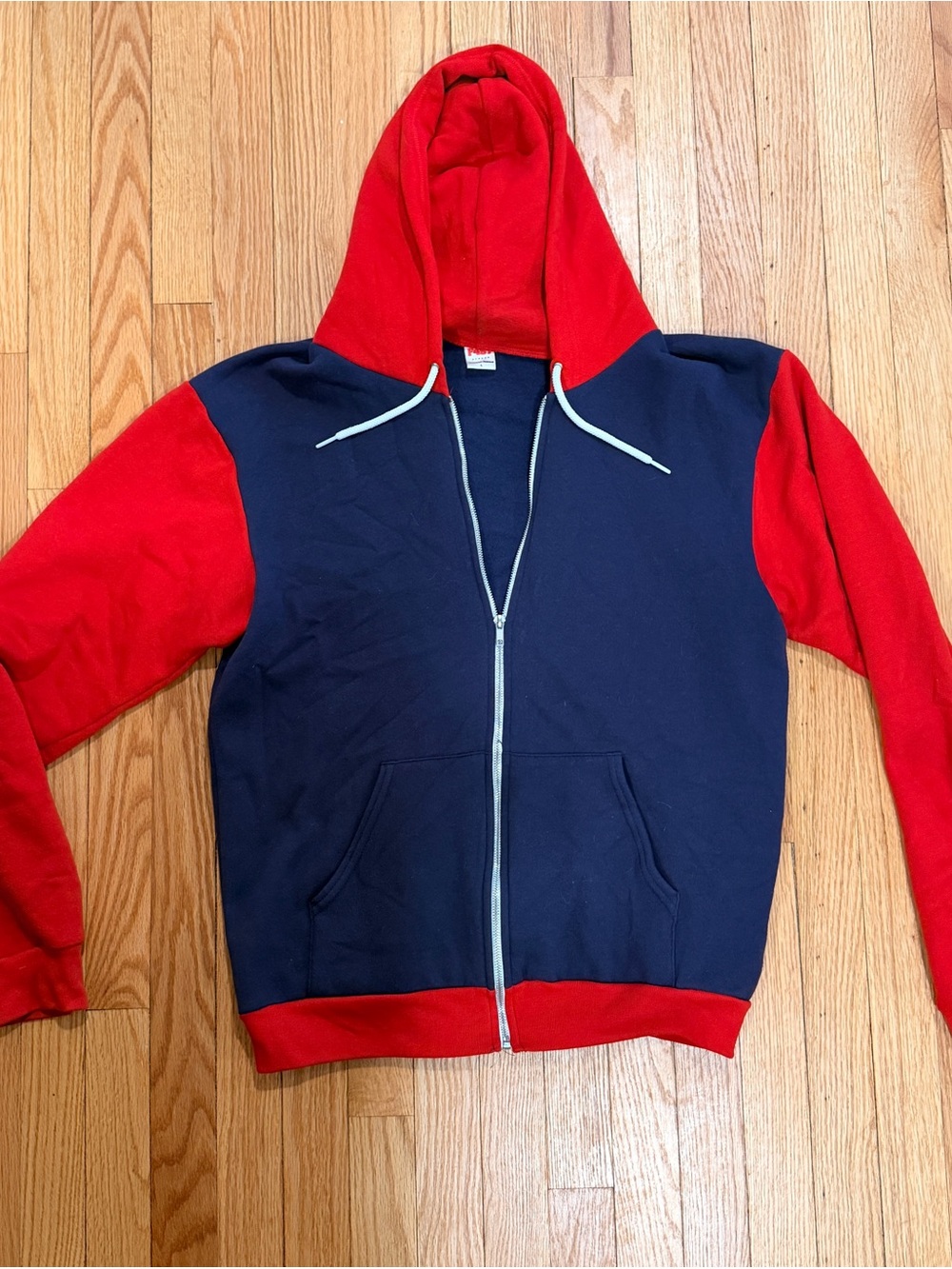 American Apparel Two-Tone Red and Navy Zip-Up Hoodie